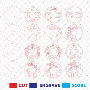 Puede incluir: Un archivo de dise&ntilde;o digital para un reloj tem&aacute;tico de Star Wars. El dise&ntilde;o presenta varios personajes de Star Wars y el texto "Star Wars". El dise&ntilde;o est&aacute; en l&iacute;neas rojas sobre un fondo blanco.
