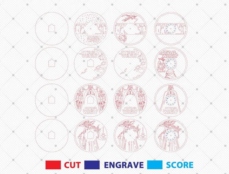 Puede incluir: Un archivo de dise&ntilde;o digital para un reloj tem&aacute;tico de Star Wars. El dise&ntilde;o presenta varios personajes de Star Wars y el texto "Star Wars". El dise&ntilde;o est&aacute; en l&iacute;neas rojas sobre un fondo blanco.