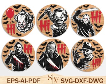 Bundle de plaque de porte personnages horreur Svg, accroche-porte Halloween svg, signe de bienvenue Halloween Svg, accroche-porte en bois, Halloween