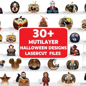 K&ouml;nnte beinhalten: Eine Sammlung von &uuml;ber 30 mehrschichtigen Halloween-Designs, Laser-Cut-Dateien. Die Designs zeigen verschiedene Horrorfilmcharaktere und gruselige Themen, darunter K&uuml;rbisse, Masken und Silhouetten. Die Designs sind in verschiedenen Farben und Formen.