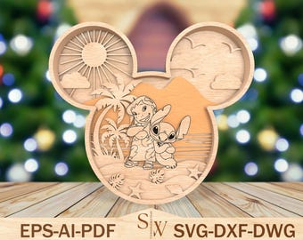 Flerskiktad 3D-tecknad laserskuren fil SVG, strandscenkonst, seriefigurer Svg, söt utomjordisk scenkonst, heminredning, karaktärssilhuetter SVG