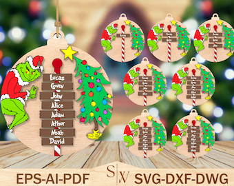 Personalized Christmas Family Ornament Cut File Svg,Merry Grinchmas Ornament Svg, Christmas Ornament Svg,Christmas Decor,Glowforge Svg Files