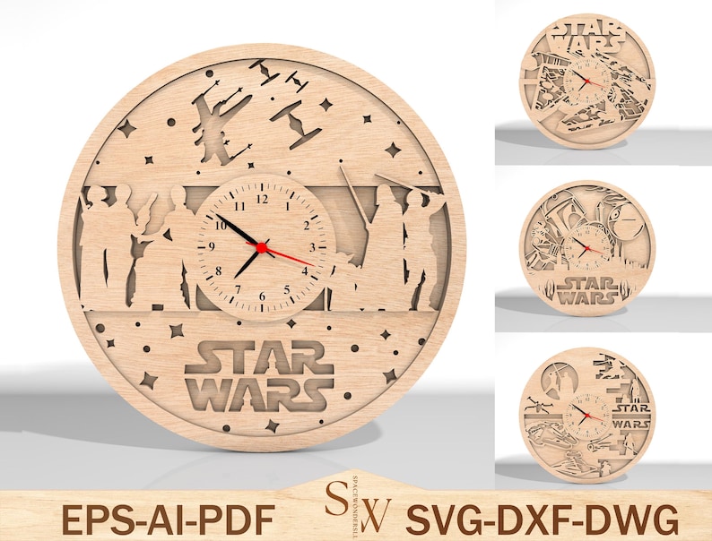 3D flerskiktad Star Wars-klocka heminredning laserskuren svg, handgjord klocka juldekoration, Starwars-klocka, Star Wars-present, 3D-klocka svg, Glowforge bild 1