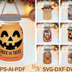 Fall Halloween Mason Jar Sign SVG Bundle, Wood Tag Door Hanger Laser Cut File, Thanksgiving Pumpkin Turkey Decor