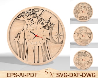 3D flerskiktad Star Wars-klocka heminredning laserskuren svg, handgjord klocka, Starwars-klocka, Star Wars-presentsvg, 3D-klockasvg, Glowforge