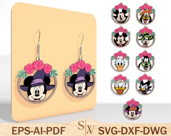 Cartoon Halloween Earrings Laser Cut Svg,Halloween Coffin Earrings Svg ,Mouse And Friends Earrings Svg, Halloween Gift, Glowforge Svg Files
