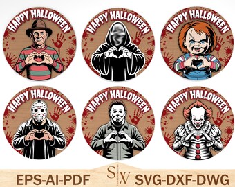 Bundle de plaque de porte personnages horreur Svg, accroche-porte Halloween svg, signe de bienvenue Halloween Svg, accroche-porte en bois, Halloween, fichier laser Svg