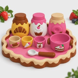 May include: A toy baking set on a pink scalloped tray featuring three lidded jars with croissant, cupcake, and donut designs, three small cups with baking tool graphics, a pink bowl with a cake graphic, and a white spoon with a brown handle.