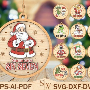 Könnte beinhalten: Weihnachtsschmuck aus Holz mit verschiedenen Cartoon-Charakteren, darunter der Weihnachtsmann und der Grinch. Die Ornamente haben einen hellbraunen Holzmaserungshintergrund und den Text "Six Seven".