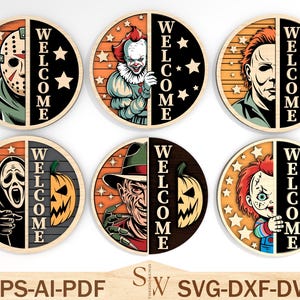 Pacote SVG de Placa de Boas-Vindas de Terror, Arquivo de Corte a Laser de Halloween, Placa de Porta Assustadora SVG DXF PDF para Projetos Glowforge e Cricut