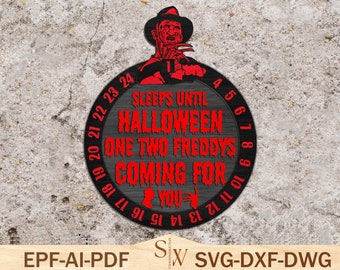 May include: A black and red countdown clock with a Freddy Krueger character graphic. The clock counts down the days until Halloween. The text reads "Sleeps Until Halloween One Two Freddy's Coming For You".