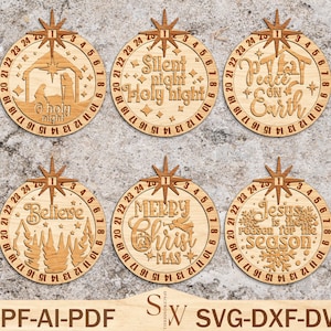 Zestaw ozdób do odliczania do szopki Svg, ozdoba do przesuwania odliczania do szopki, kalendarz świąteczny Svg, bombka kalendarzowa Svg, plik Glowforge