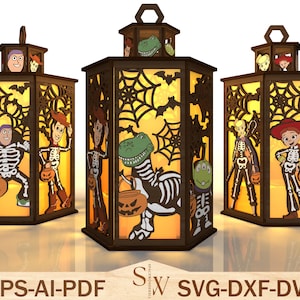 Lanterna de esqueleto de Halloween SVG, arquivos de corte a laser de caixa brilhante 3D, modelo de lanterna de desenho animado de esqueleto fofo, lanterna de Halloween, download digital