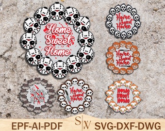 May include: Six different designs of wreaths featuring horror movie characters. Each wreath is a circle of faces with the text "Home Sweet Home" in the center. The characters include Jason Voorhees, Ghostface, Pennywise, and a generic horror movie character.