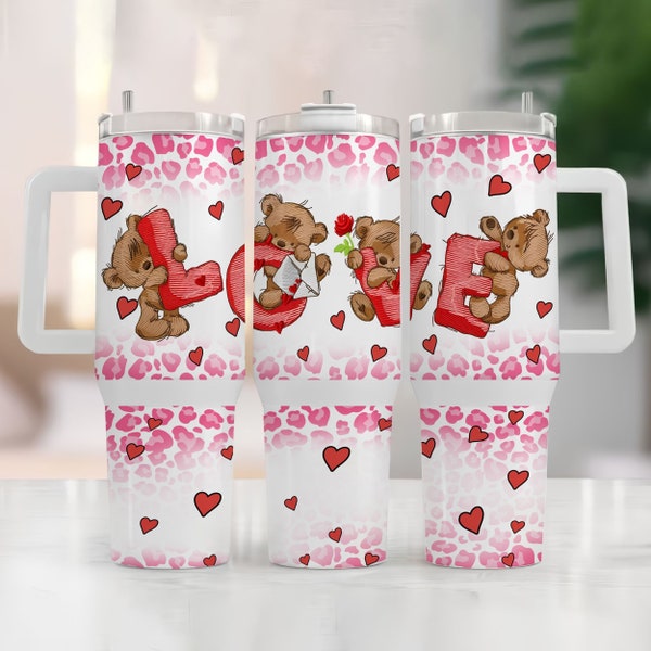 Love Teddy Bear 40oz Quencher Tumbler Wrap Png, Pink Leopard 40oz Tumbler PNG, Valentine Bear Tumbler Sublimation Designs