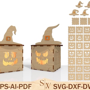 May include: Wooden Halloween-themed lantern with a jack-o'-lantern face and a witch hat. The image also includes various witch hats and jack-o'-lantern face cutouts. The text "EPS-AI-PDF" and "SVG-DXF-DWG" is visible.