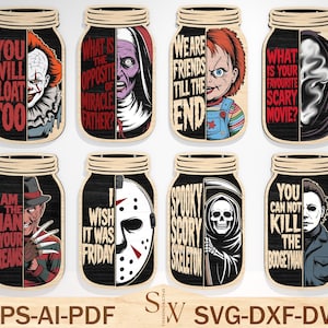 Puede incluir: Recortes de madera en forma de tarro con personajes y citas de pel&iacute;culas de terror. Los dise&ntilde;os incluyen a Pennywise, The Nun, Chucky y Michael Myers. Cada recorte tiene un esquema de color negro y rojo con texto como "You Will Float Too."