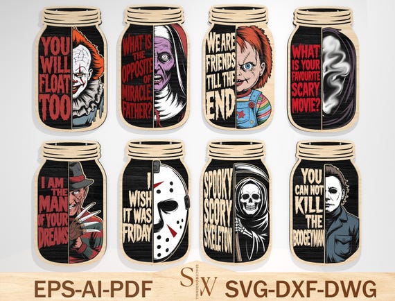 Horror Mason Jar Sign SVG, Scary Wooden Ornament Laser Cut File, Spooky Halloween Door Hanger Glowforge Template