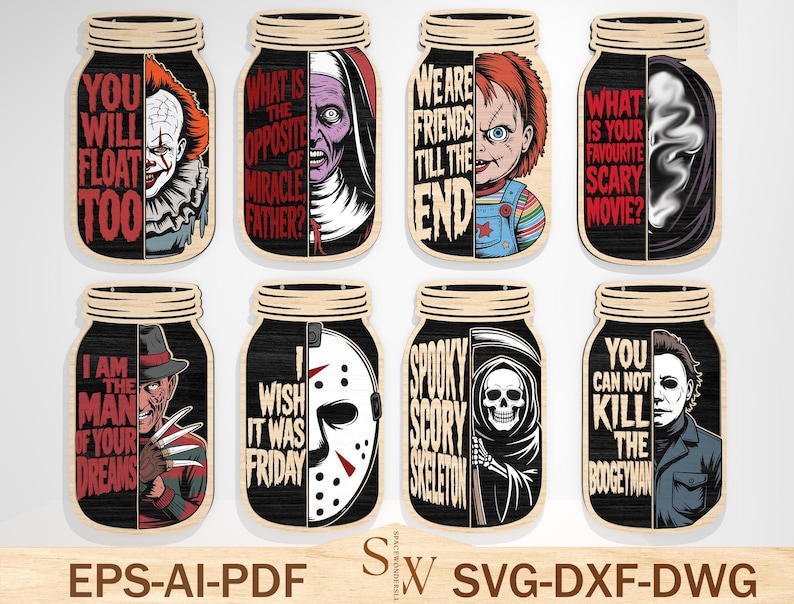 Puede incluir: Recortes de madera en forma de tarro con personajes y citas de pel&iacute;culas de terror. Los dise&ntilde;os incluyen a Pennywise, The Nun, Chucky y Michael Myers. Cada recorte tiene un esquema de color negro y rojo con texto como "You Will Float Too."