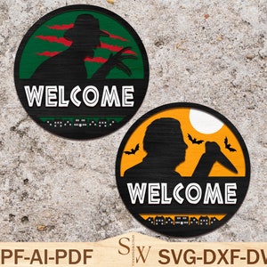 Horror Door Hanger Svg,Halloween Welcome Sign Svg,  Scary Front Svg,Horror Characters Svg,Horror Door Sign ,Halloween Decor ,Glowforge Files