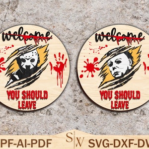 Horror Door Hanger Svg, Scary Front Svg,Horror Characters Welcome Sign Svg, Halloween Svg,Horror Door Sign ,Halloween Decor ,Glowforge Files