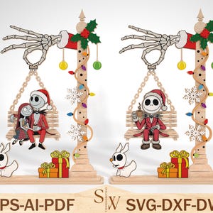 May include: Wooden Christmas decorations featuring characters from The Nightmare Before Christmas. The decorations include Jack Skellington and Sally on a swing, Zero, and wrapped gifts. The design incorporates a skeleton hand, Christmas lights, and snowflakes.
