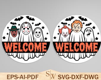 Bundle SVG de panneau de bienvenue horreur, fichier Halloween découpé au laser, panneau de porte effrayant SVG Dxf PDF pour projets Glowforge et Cricut