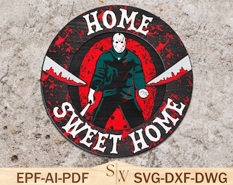 Panneau de bienvenue personnages horreur, Svg d'accroche-porte joyeux Halloween, Svg effrayant Halloween sur le devant, plaque de porte horreur, décoration d'Halloween, fichiers Glowforge
