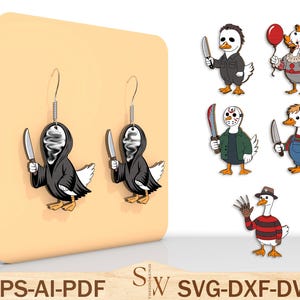 May include: A pair of black and white duck earrings, each holding a knife and dressed as a Grim Reaper. The earrings are displayed on a tan background, with additional cartoon ducks dressed as horror movie characters.