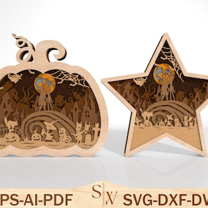 Halloween Film Multilayers Layer Laser Cut Datei svg, Halloween Charaktere svg, lustiges Halloween Holzschild svg, Glowforge-Datei