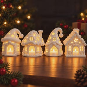 May include: Four white ceramic tea light holders shaped like small houses and gnome-like figures. Each structure features cut-out star, snowflake, and heart patterns, with a warm glowing light emanating from within each individual piece.