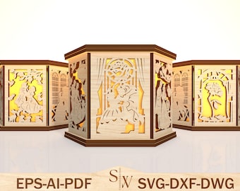 Fairy Tale Lantern SVG, Layered Wood Lamp Laser Cut File for Glowforge Cricut Silhouette, 3D Light Box Template Decor