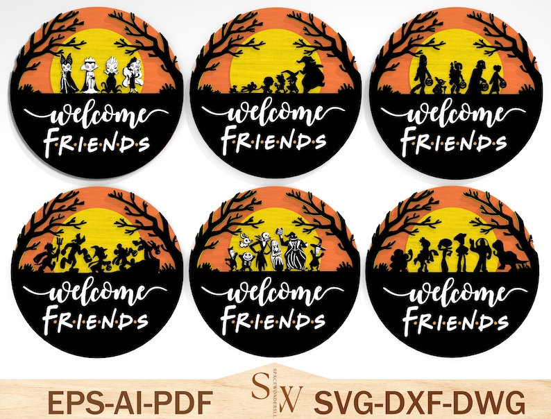 Pu&ograve; includere: Sei decorazioni rotonde a tema Halloween con sagome nere di personaggi, alberi e un tramonto. Le parole "welcome FRIENDS" sono in scrittura bianca. La parte inferiore dell'immagine presenta il testo "EPS-AI-PDF" e "SVG-DXF-DWG".