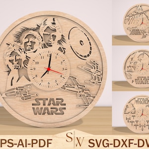 Reloj de Star Wars multicapa 3D para decoración del hogar cortado con láser Svg, reloj hecho a mano para decoración navideña, regalo de Star Wars, reloj 3D Svg, Glowforge