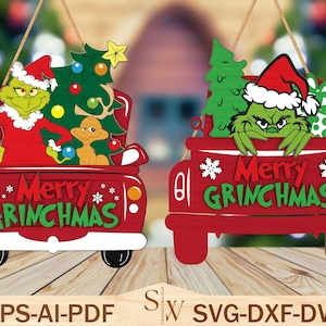 Merry Grinchmas Sign Door Svg, Christmas Door Hanger Svg, Grinch Laser Cut File Svg, Cartoon Character Door Sign, Wooden Door Decoration Svg