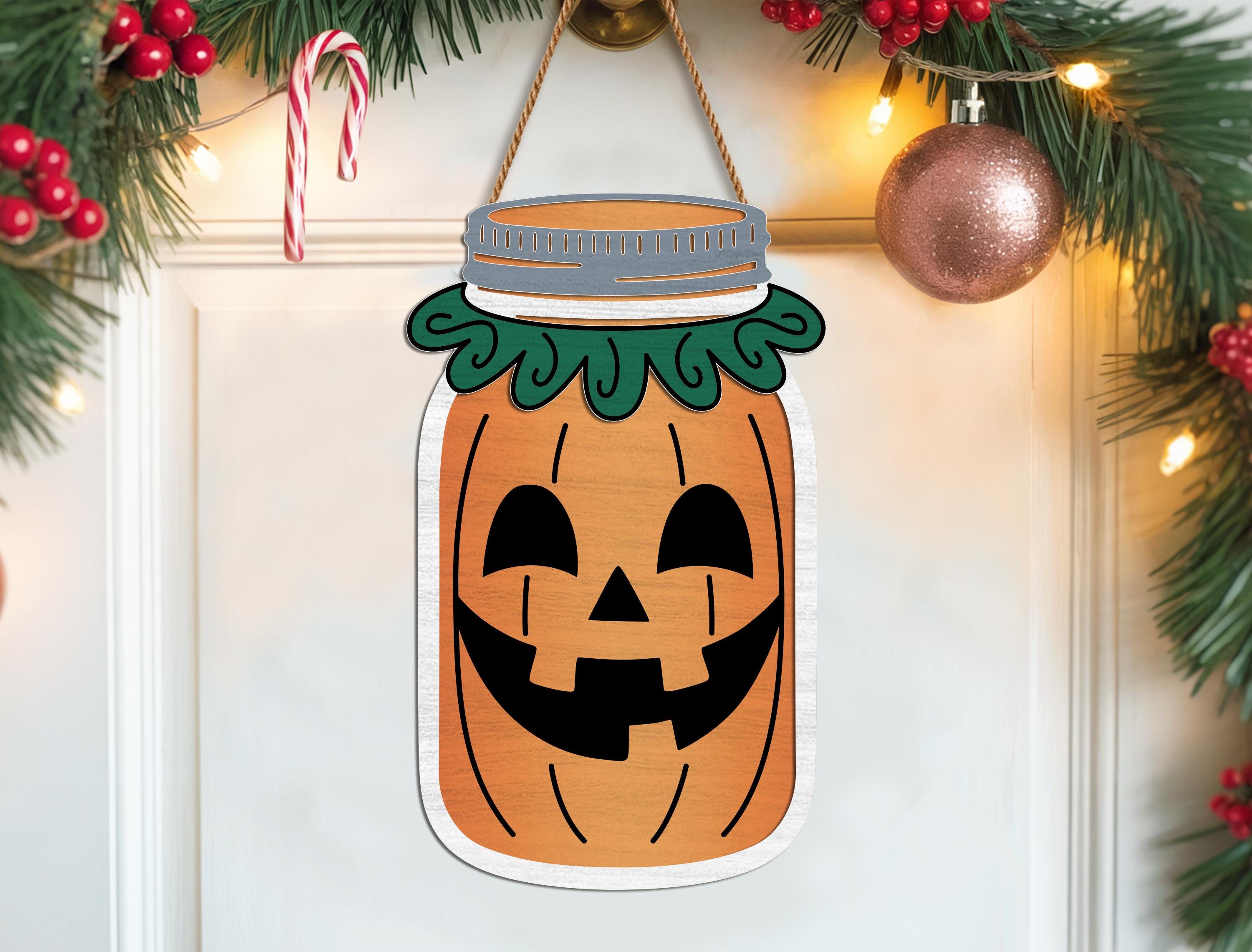 Fall Halloween Mason Jar Sign SVG Bundle, Wood Tag Door Hanger Laser ...