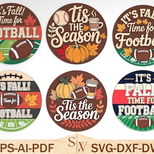 Fall Football Round Sign SVG, Autumn Sports Sign Laser Cut File, Football Season Decor, 3D Layered Wood Sign Template