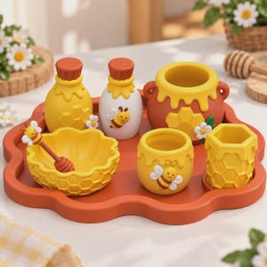 Honey Bee Playset STL Bundle, Honey Jar Honeycomb Bowl Bee Pot and Dipper Set, 3D Print Files, STL 3MF Instant Download