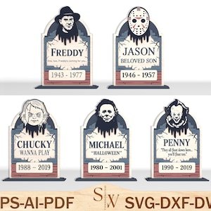 Puede incluir: Cinco recortes decorativos de lápidas con los personajes de películas de terror Freddy, Jason, Chucky, Michael y Penny. Cada lápida tiene el nombre del personaje, las fechas y una cita. Los recortes son en tonos grises, azules y rojos.