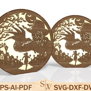 May include: Two wooden, circular decorative pieces with a horror theme. The design features a monster with a clawed hand, a running figure, houses, trees, and bats. The pieces are brown with a light-colored interior.