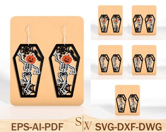 Skeleton Halloween Earrings Laser Cut Svg ,Halloween Coffin Earrings Svg ,Skeleton Earrings Svg , Halloween Gift,Halloween Glowforge Files