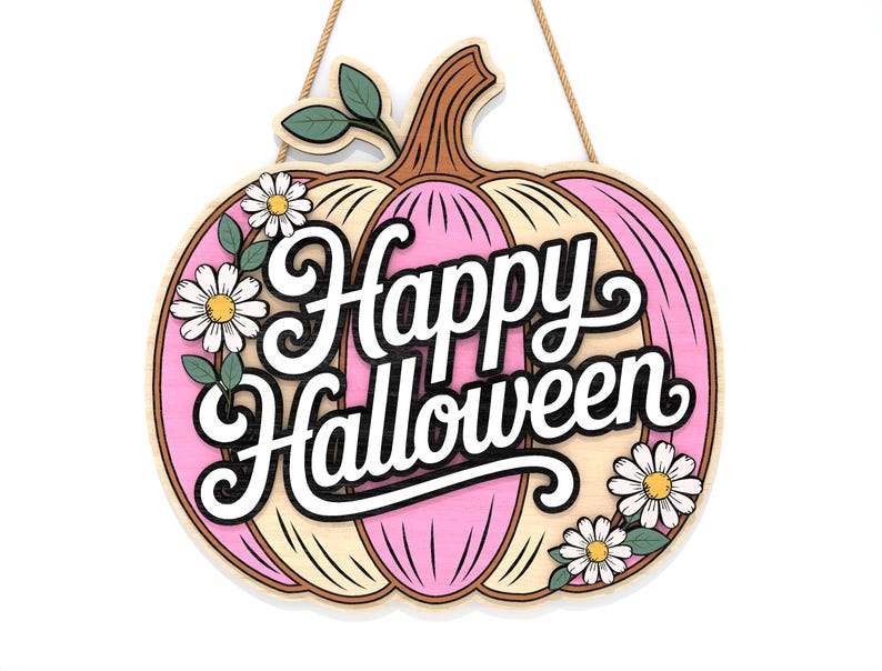 May include: A wooden pumpkin-shaped sign with the words "Happy Halloween" in a decorative font. The sign is pink, beige, and brown, with white daisies and green leaves. A jute rope is attached for hanging.