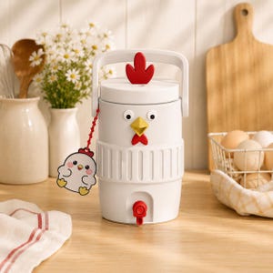 Puede incluir: Un dispensador de bebidas cilíndrico blanco con forma de pollo, que presenta una cresta roja, un pico amarillo y una carúncula roja. Tiene un asa superior, un grifo rojo en la base y un pequeño colgante que representa un pollito de dibujos.