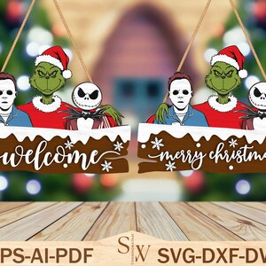 Kerst bord deur Svg, welkom Svg, Merry Christmas Svg, deurhanger Svg, stripfiguur Svg, Grinchy Svg, eng hangende Svg, Xmas Svg