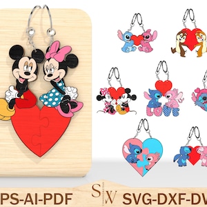 Portachiavi in legno con scritta in formato SVG per San Valentino, personaggio dei cartoni animati in formato SVG, file a forma di cuore in formato SVG, modello fai da te per portachiavi in legno, file SVG Glowforge