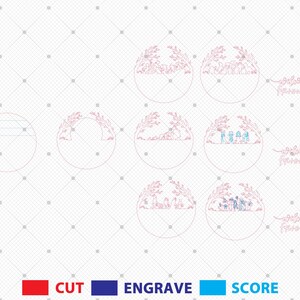 Pu&ograve; includere: Una collezione di disegni circolari con illustrazioni a tema natura e la scritta "Welcome Friends". I disegni includono immagini di persone, alberi e animali. L'immagine include anche istruzioni con codice colore per tagliare, incidere e segnare.