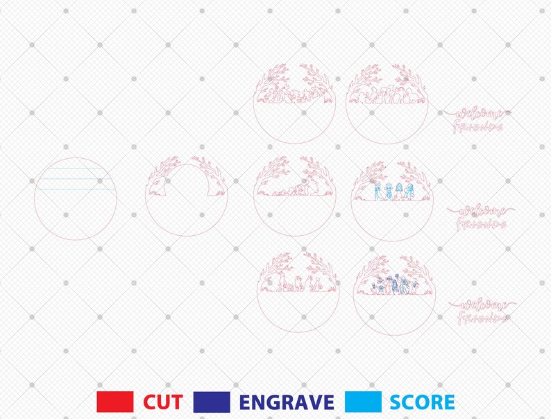 Pu&ograve; includere: Una collezione di disegni circolari con illustrazioni a tema natura e la scritta "Welcome Friends". I disegni includono immagini di persone, alberi e animali. L'immagine include anche istruzioni con codice colore per tagliare, incidere e segnare.