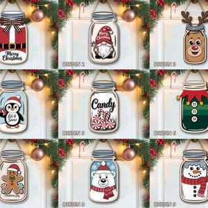 May include: Nine wooden Christmas ornaments shaped like mason jars. Each jar features a different festive design, including a Santa suit, a gnome, a reindeer, a penguin, candy canes, an elf, a gingerbread man, a polar bear, and a snowman. Each ornament has a metal lid and a string for hanging.