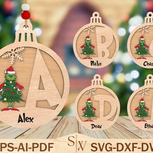 Alphabet Weihnachtsverzierung Laser Cutdatei-Svg, Grinchmas-Verzierungs-Svg, Karikatur-Weihnachtsverzierungs-Svg, Weihnachtsdekor, Glowforge-Svg-Datei