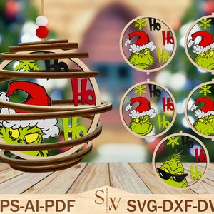 Ornement de Noël spirale découpé au laser Svg, Grinchmas ornement Svg, dessin animé Noël ornement ornement de Noël, décoration de Noël, fichier Svg Glowforge